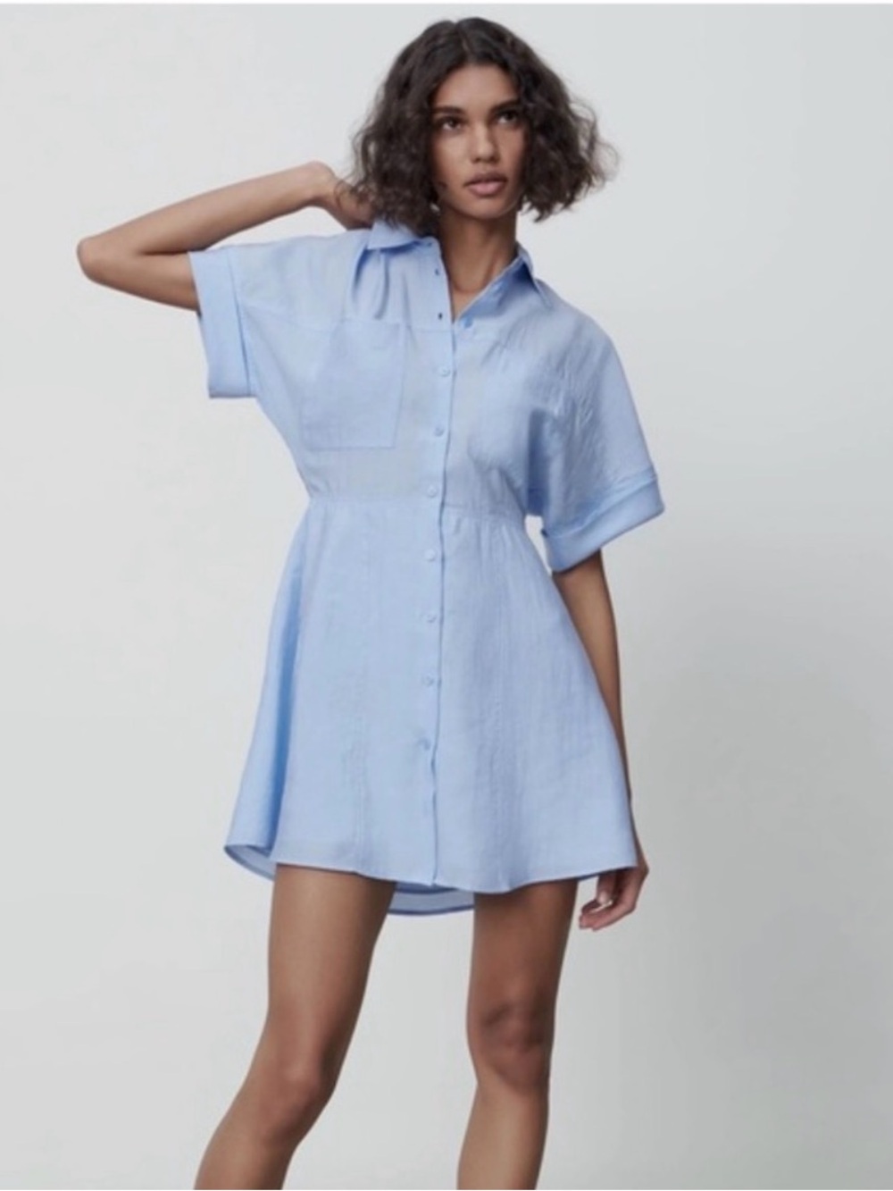 Zara Light Baby Blue Shirt Dress Mini Button Front Collared Womens XS Pastel